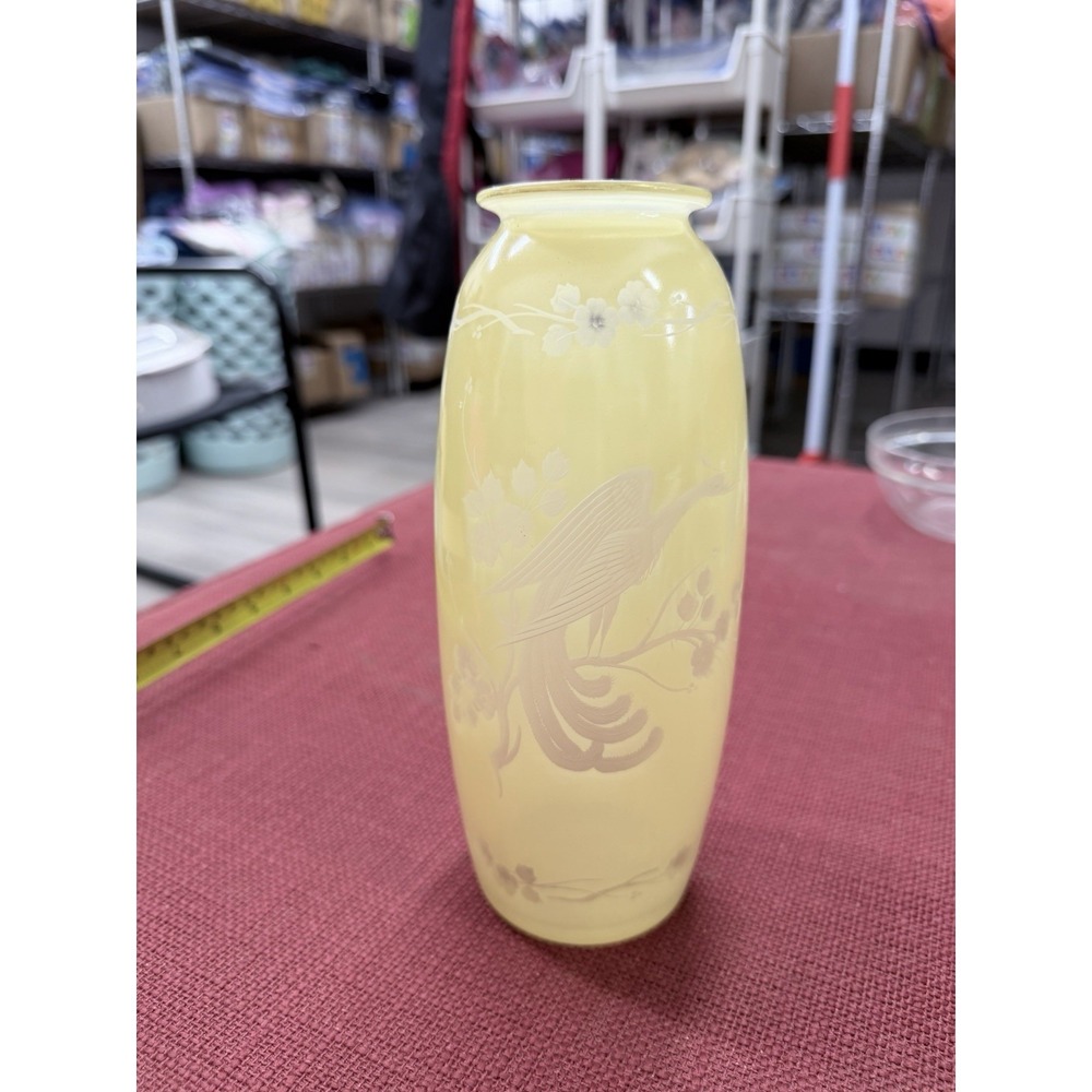 ANTIQUE HAWKES COPPER ENGRAVED GREEN ART GLASS VASE EGRET HERON BIRD ART DECO